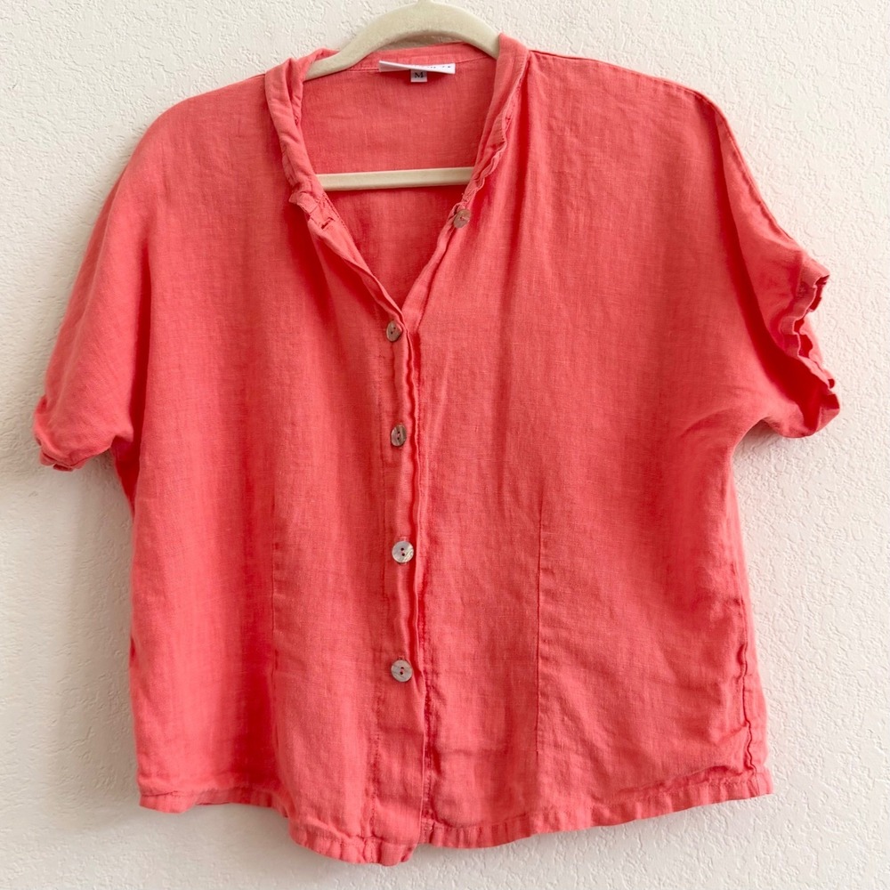 Bryn Walker Womens Medium Coral Pink 100% Linen Short Sleeve Button Down Shirt